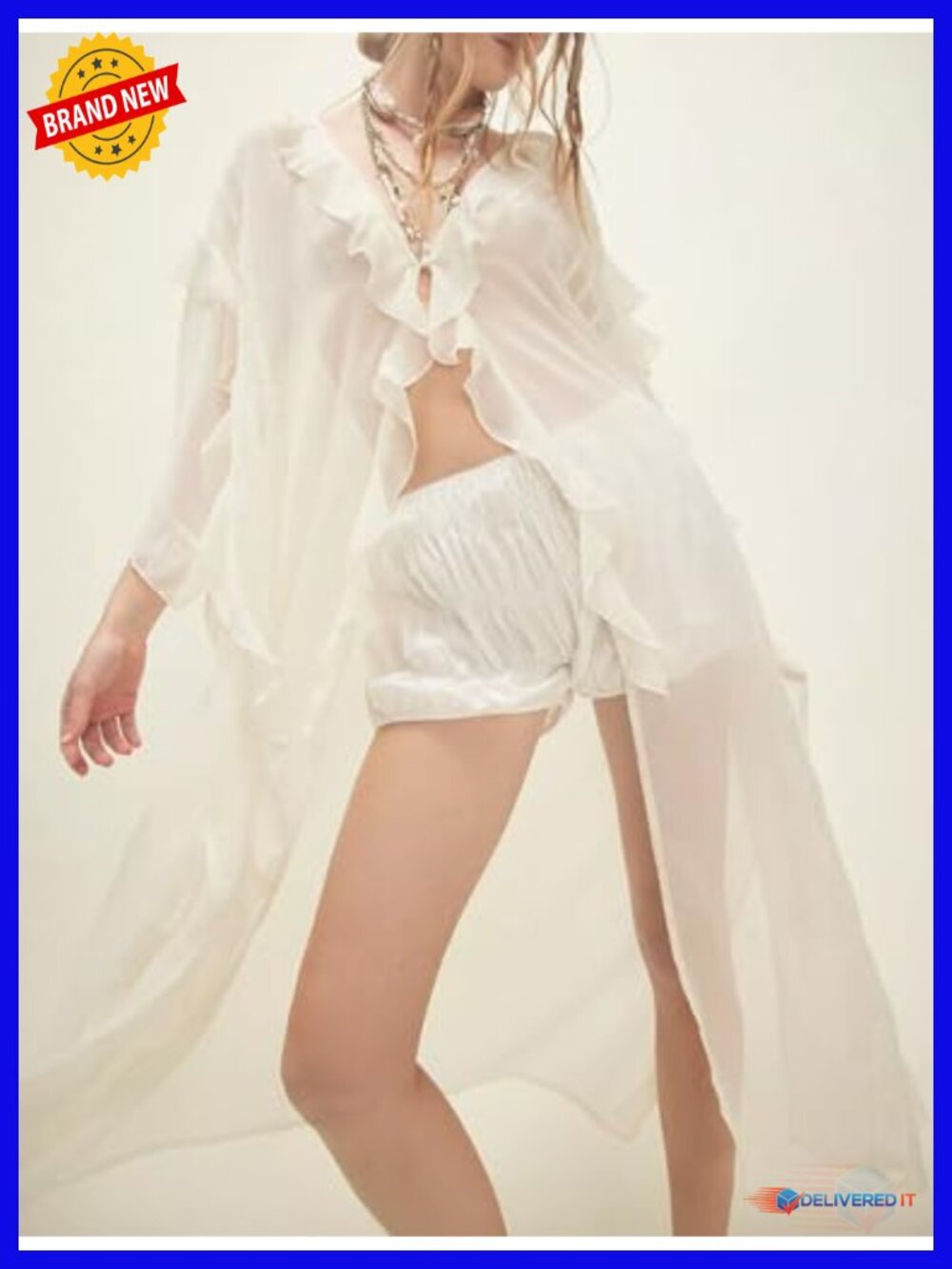 Sheer Flowy Kimono Cardigan Ruffle Front Button Down Longline Layering Top - Picture 2 of 4